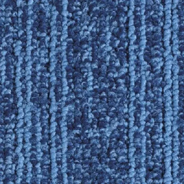 Blue carpet with a striped and mottled pattern.