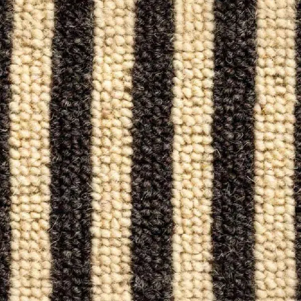 Close-up of Gatsby wool stair runner texture with black and beige stripes.