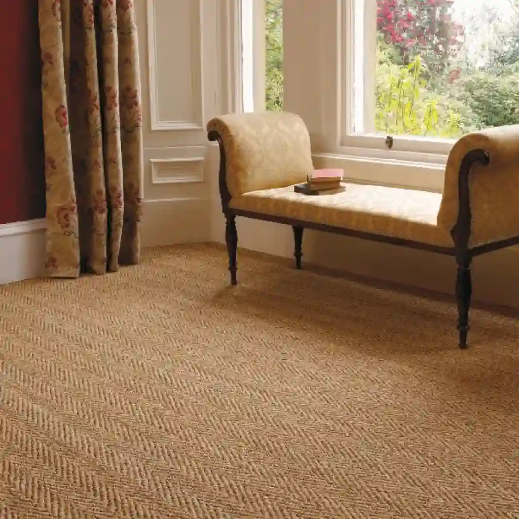 Bedroom Carpet 36 beige sisal carpet with a herringbone pattern in a room