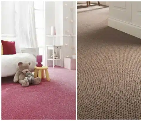 bright pink carpet in child bedroom and beige textured carpet