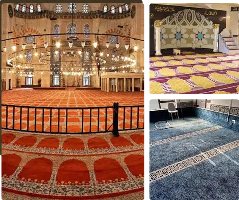 large red carpet with arches, the top right has a yellow and maroon carpet and blue mosque carpet