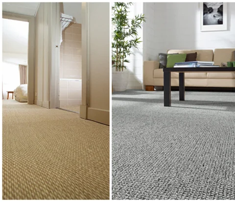 light beige wall to wall carpet in hallway and light grey wall to wall carpet in living room