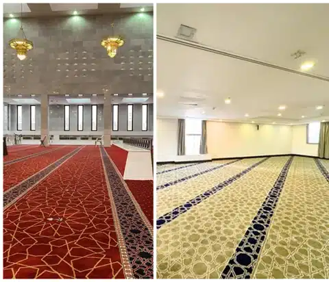 side by side image showing two different mosque carpets