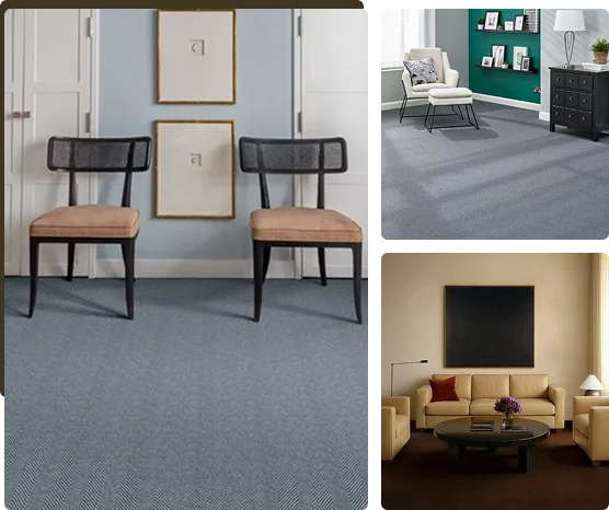 solid grey, light blue and dark brown wall to wall carpet frame
