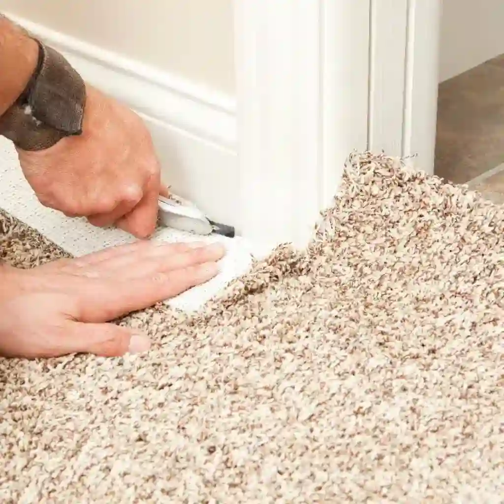 Carpet Installation 15 using a utility knife to cut carpet