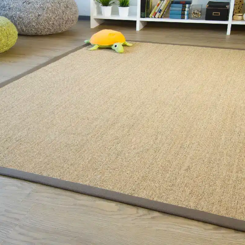 Luxurycurtain.ae beige woven rug featuring elegant brown carpet border for living rooms.