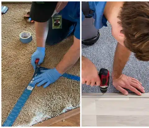gloved person cutting beige carpet with a utility knife, and another of a person screwing down