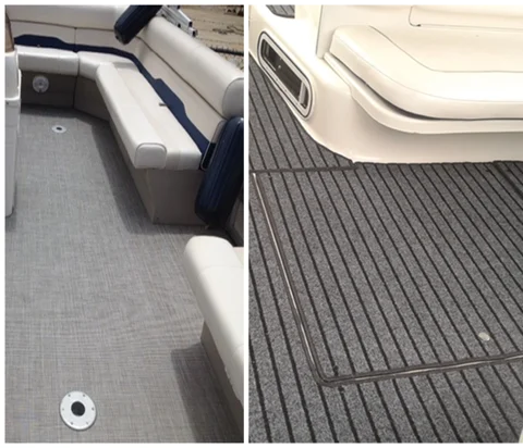 light gray carpet on the left, and dark gray striped marine vinyl on the right