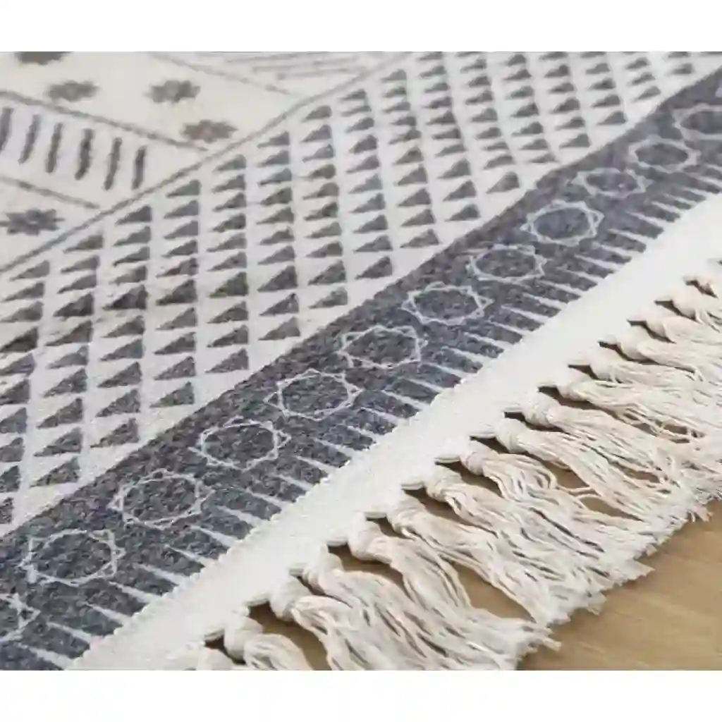 A close up view of a woven rug